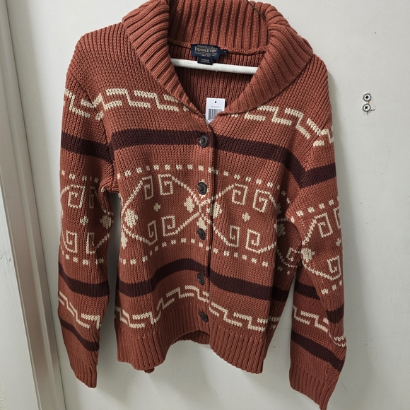 Pendleton Sweaters - Pendleton Rust and Cream Patterned Shawl-Collar Cardigan
